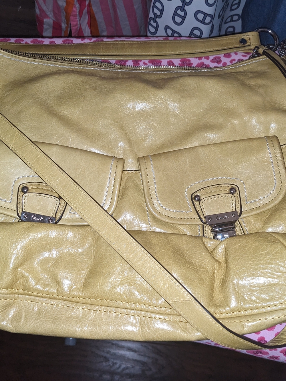 Coach Lemon Yellow Leather Shoulder Bag with Front Buckle Pockets